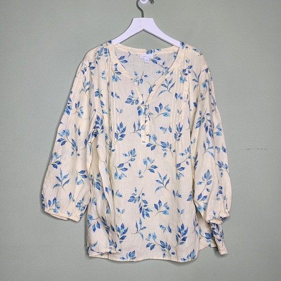 J.Jill Love Line Yellow Blue Floral Tunic Top Linen Vacation Resort Coastal XLP - Picture 2 of 8